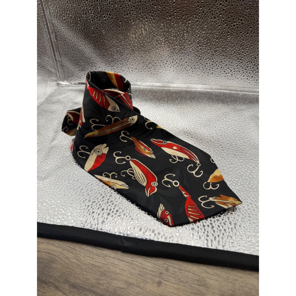 Steven Harris Mens Fishing Lure Novelty Tie Black Red Tan Lures Hook Print